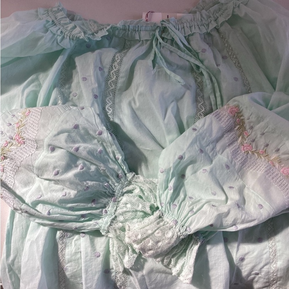 LoveSchackFancy Odina Sea Foam Long Sleeve Blouse NWT SZ S - Picture 2 of 7